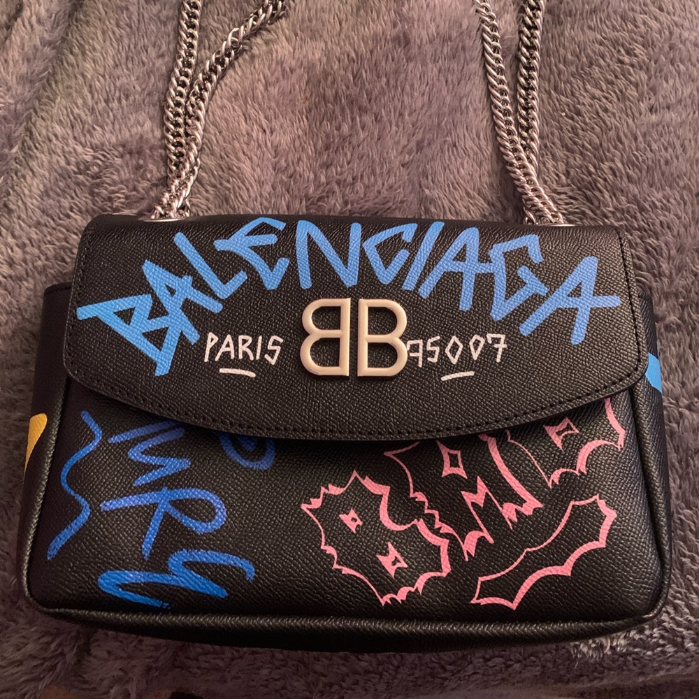 BALENCIAGA Calfskin Graffiti BB Shoulder Bag